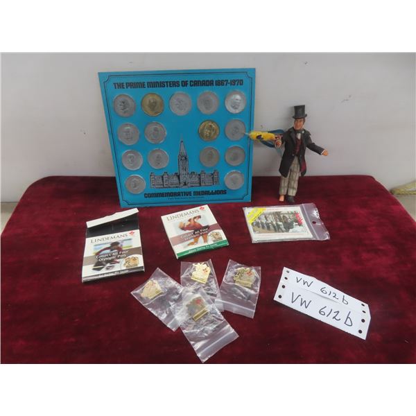 Commemorative Medallions - Prime Ministers Of Canada 1867-1970; 6x 2002 Olympic Pins.