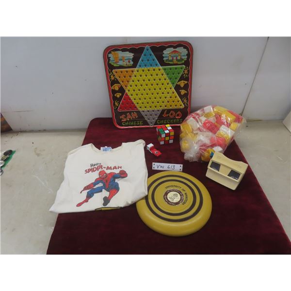 Assorted Vintage Toys - View-Master, Plastic Blocks, Frisbee, And A Spiderman/Winnipeg Tribune