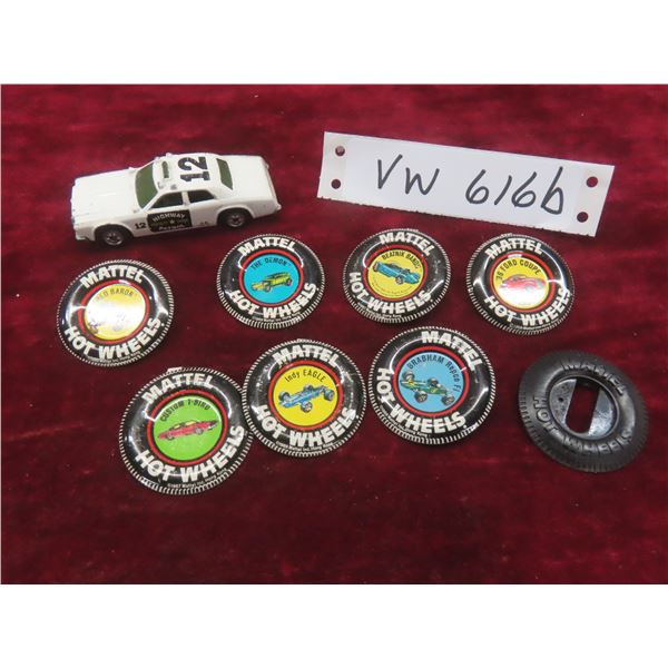 8 Mattel Hot Wheel Collector Buttons (1969) And A Highway Patrol Car.