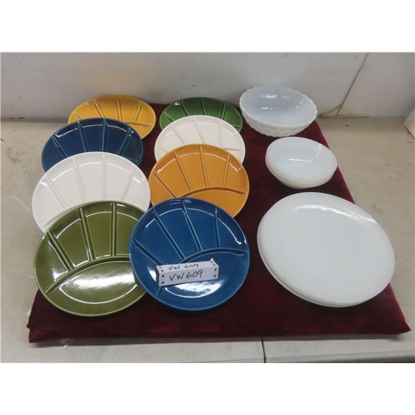 8 Fondue Plates And 7 Pieces Of Milk Glass - Including 3 Plates, Bowls, And A Serving Bowl.