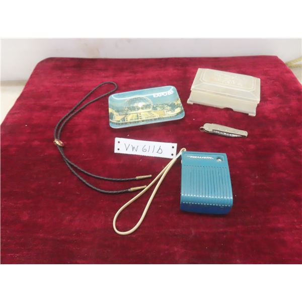 Official Canadian Girl Guides Knife; Bolo Tie; Expo 1986 Tray; And Realistic Transistor Radio.