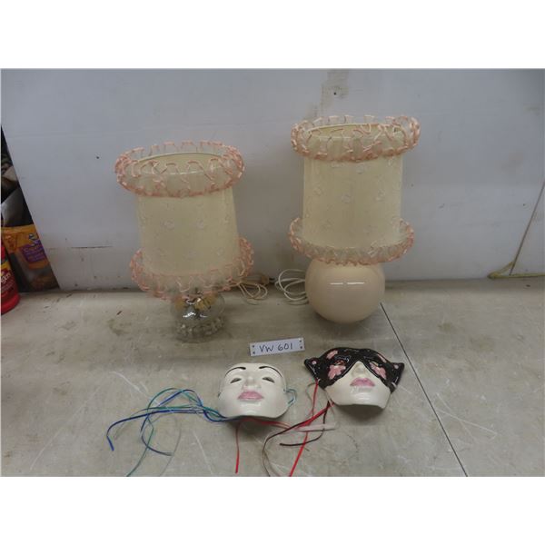 2 Bedside Lamps With Lacy Shades (Tallest 16 ) And 2 Ceramic Masks.