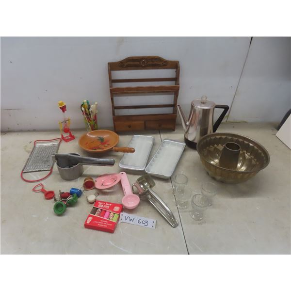 Vintage Electric Coffee Percolator; Ice Cube Trays; Spice Rack; Retro Drinking Bird.