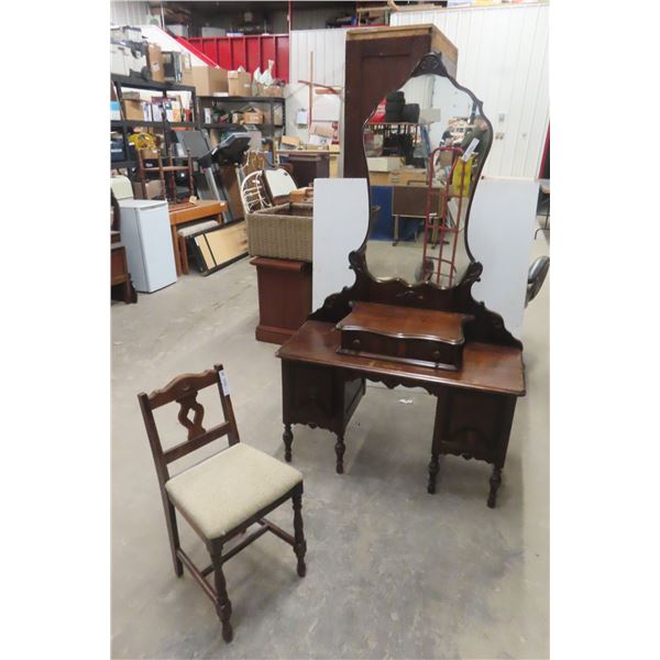 Antique Vanity Dresser 68'' x 17'' x 40'' with Chair 
