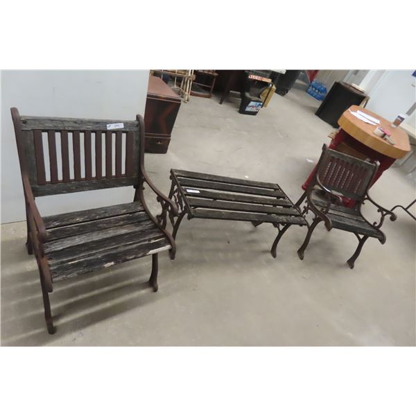 3pce Yard Furniture: Weathered Wood and Cast (2) Seats 23'' Wide