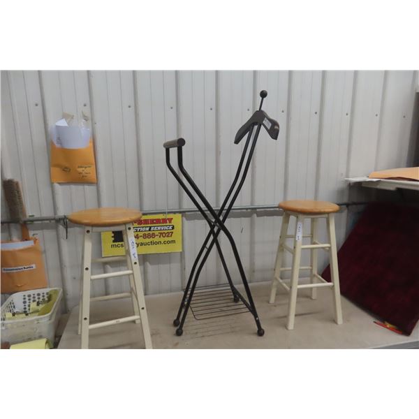 2 Wood Stools, Folding Gentlemans Stand