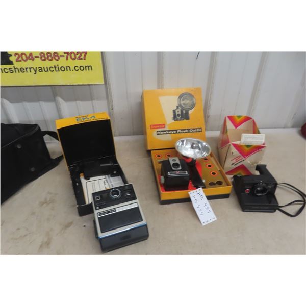Vintage Cameras with Boxes: Brownie Hawkeye & 2 Polaroids. 
