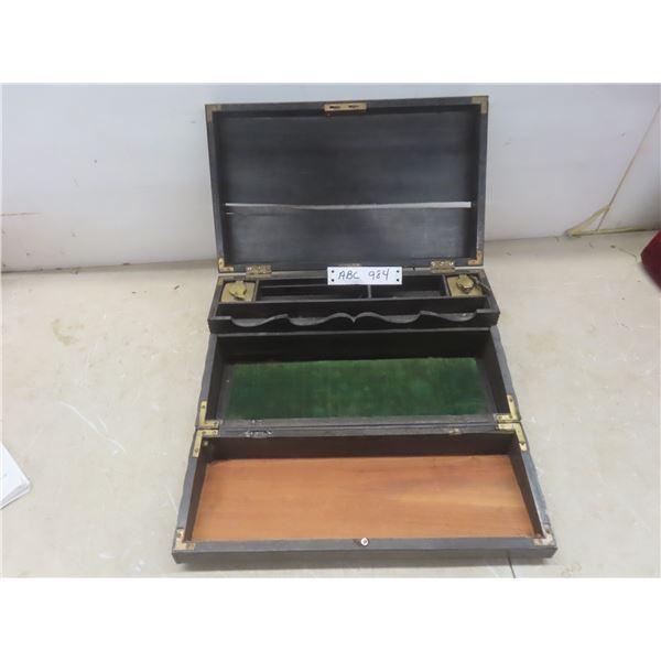 19th-Century Antique Anglo-Indian Style Writing Set w/ Brass Inkwells