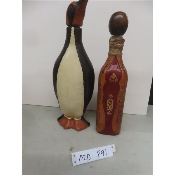 Two Vintage Italian Leather-Wrapped Decanters Including Penguin Wrapped