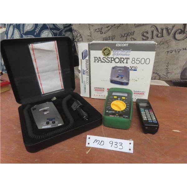 Passport 8500 X50 Radar Detector, Panasonic Cell Phone, and Grenelec DM40 Multimeter
