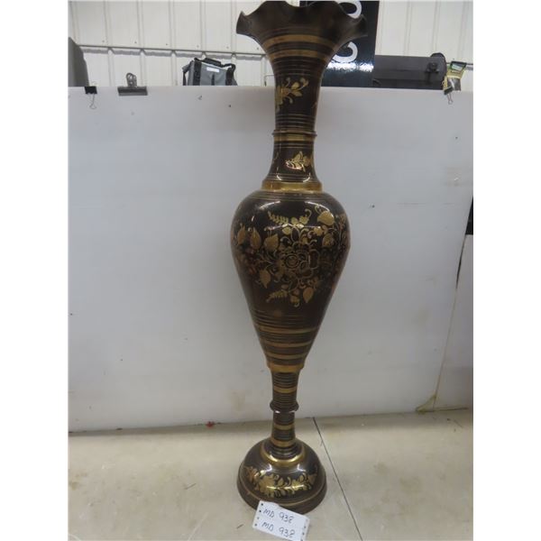 Vintage Indias Etched Brass Vase, 37" H x 9" W
