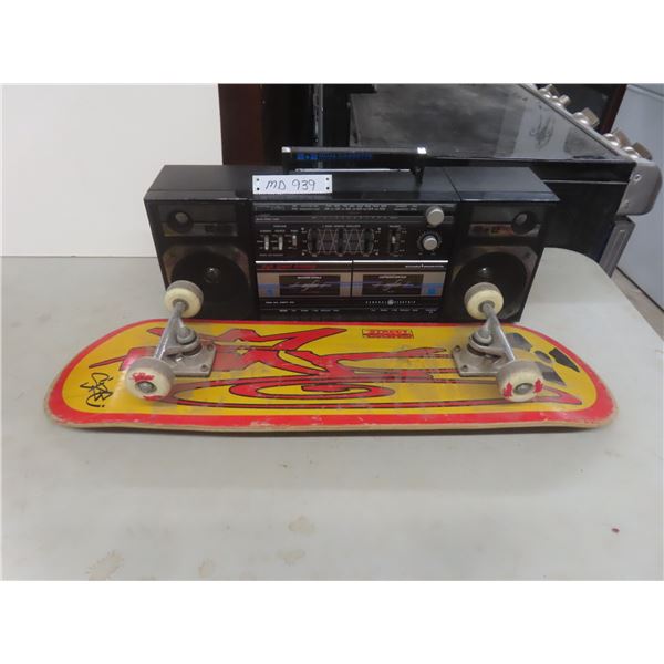 Vintage Skateboard and GE 2+2 Dual-Cassette Ghetto Blaster