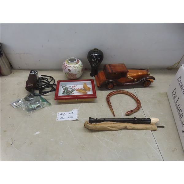 Japanese Satsuma Vase, Black-Lacquer Mop-Inlay Asian Vase, Wooden Wiggle Snake, Recorder, and More