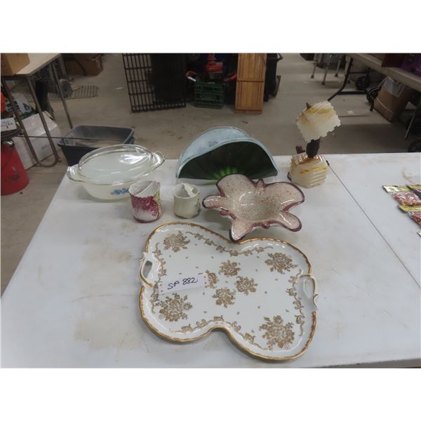 Vintage China And Glassware Including Casserole Dish, Lamp, And More.