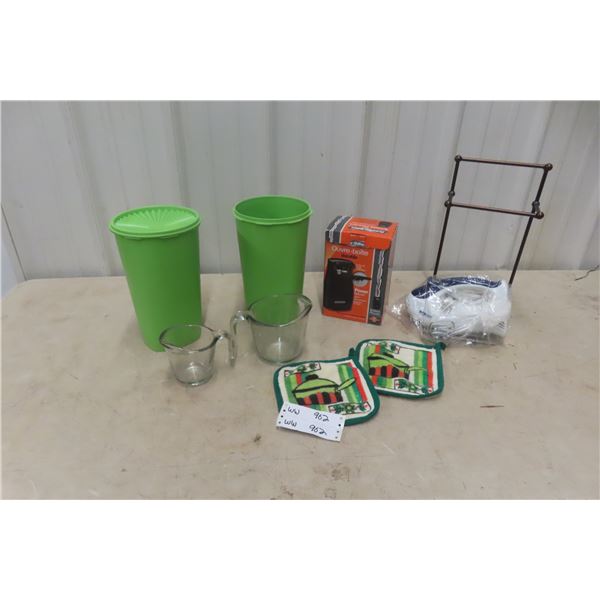 Vintage Tupperware Canister, Can Opener, Measuring 