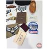 Image 2 : MILITARIA : Patches, Beret, Soldier's Service & Pay Book, Wooden Souvenir Shoe, Belt Clasp, Pen, Pin