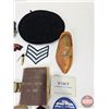 Image 8 : MILITARIA : Patches, Beret, Soldier's Service & Pay Book, Wooden Souvenir Shoe, Belt Clasp, Pen, Pin