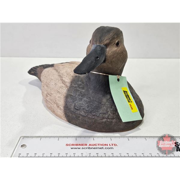 DUCK DECOY : Wooden & Signed (Consignor Tag ~ Handcarved Canvaback by Lorne Longley c.1931-2022 : Bl