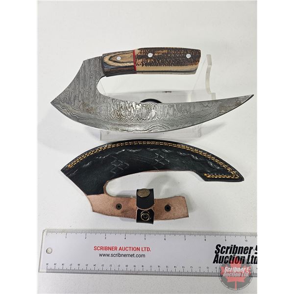 KNIFE : ULU w/Leather Sheath (Consignor Tag ~ Damascus Ulu : Antler & Laminate Wood Handle) (Total M