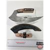 Image 1 : KNIFE : ULU w/Leather Sheath (Consignor Tag ~ Damascus Ulu : Antler & Laminate Wood Handle) (Total M