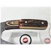 Image 2 : KNIFE : ULU w/Leather Sheath (Consignor Tag ~ Damascus Ulu : Antler & Laminate Wood Handle) (Total M