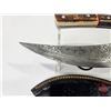 Image 7 : KNIFE : ULU w/Leather Sheath (Consignor Tag ~ Damascus Ulu : Antler & Laminate Wood Handle) (Total M