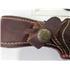 Image 9 : KNIFE : w/Leather Sheath (Consignor Tag ~ Damascus Skinner Gut Knife : Laminated Handle w/Mosaic Pin