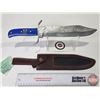 Image 1 : KNIFE : Bowie "Alberta" w/Leather Sheath (Consignor Tag ~ 10Inch Damascus Bowie w/Alberta Themed Han