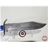 Image 3 : KNIFE : Bowie "Alberta" w/Leather Sheath (Consignor Tag ~ 10Inch Damascus Bowie w/Alberta Themed Han