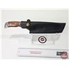 Image 8 : KNIFE : w/Leather Sheath (Consignor Tag ~ Damascus Waterfall Pattern : Bushcraft Knife : Mahogany Ha
