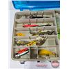 Image 2 : Plano Tackle Box w/Contents including Spoons, Scale, Walleye Attract Bait, Plastic Jigs, etc (Box Me