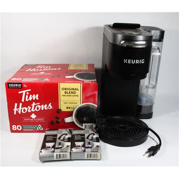 KEURIG MACHINE WITH PODS AND CLEANER/DESCALER