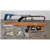 Image 1 : BOX OF ASSORTED TOOLS, TAPE MEASURES, WOOD