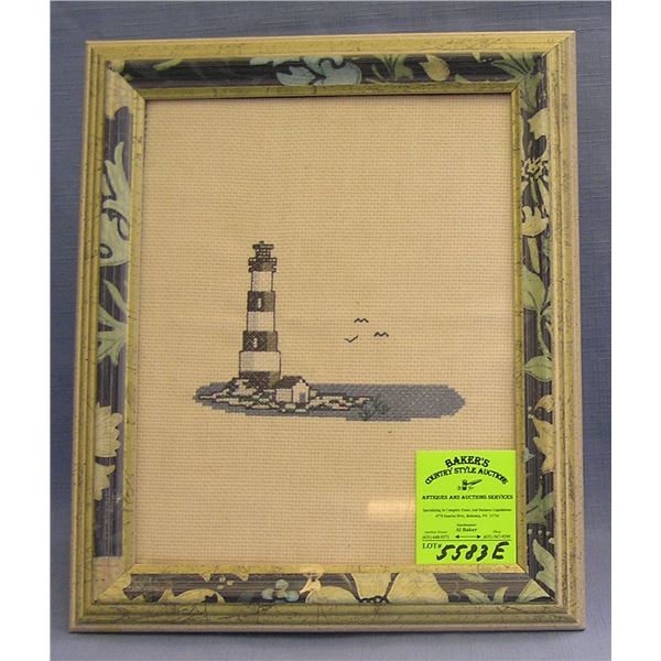 Framed cross stitch lighthouse artwork