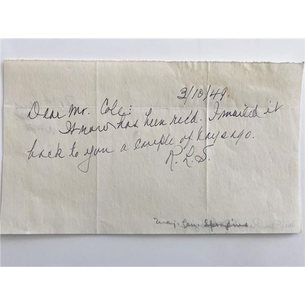 WWII Major General Robert R. Spragins Signed Hand Written Note