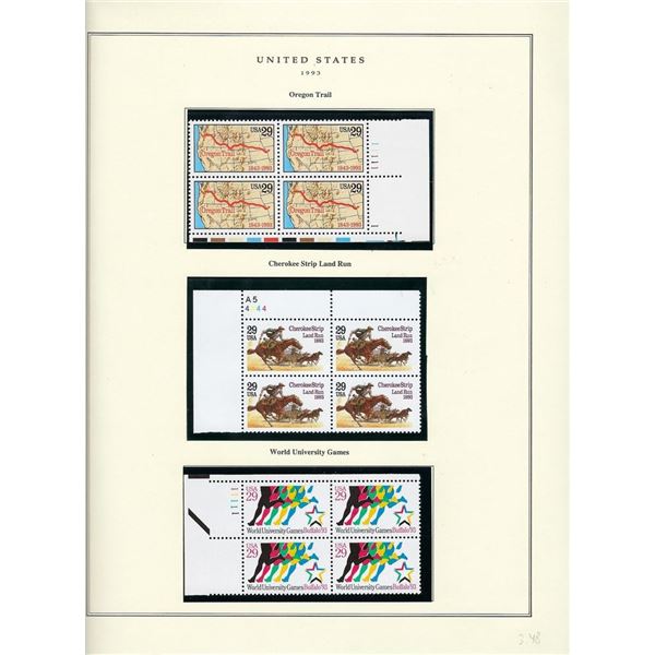 1993 US stamp collector sheet featuring Oregon Trail, Cherokee Strip Land Run and World University G