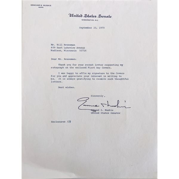 US Senator Edmund Sixtus Muskie signed letter