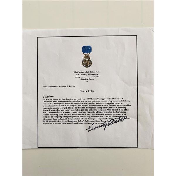WWII First LT. Vernon J. Baker Signed Medal Of Honor Citation