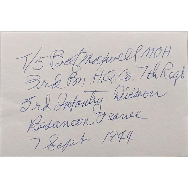 WWII Medal of Honor Recipient Robert D. Maxwell signed note