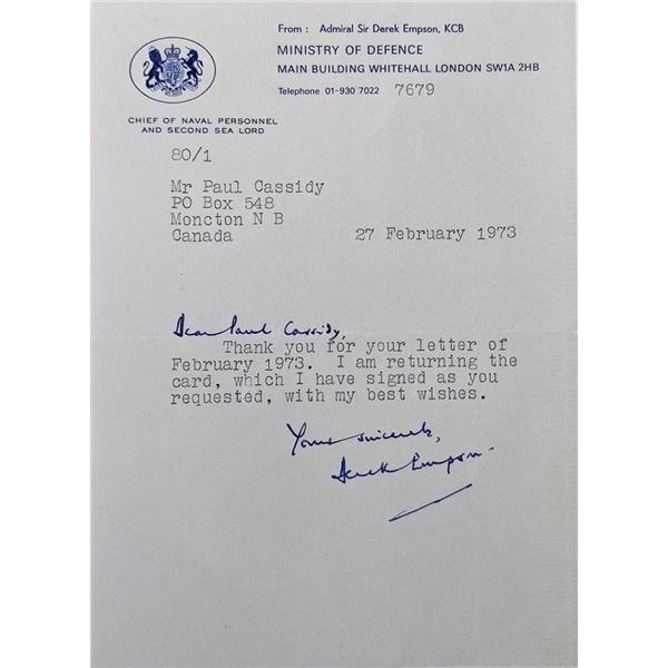 Leslie Derek Empson signed letter