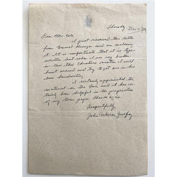 WWII British Military John Warren Godfrey Signed Hand Written Note