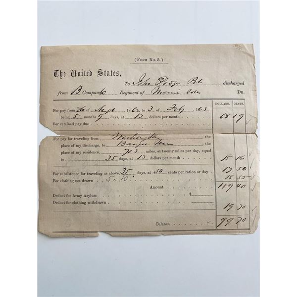 United States Civil War Payment Invoice