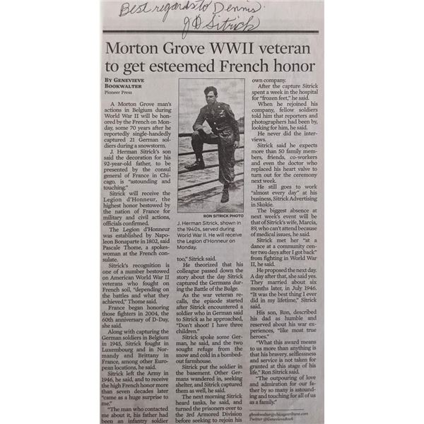 Battle of The Bulge Soldier Ron Sitrick signed newspaper article