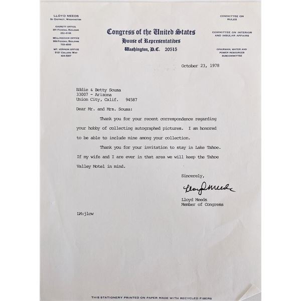 Congressman Edwin Lloyd Meeds signed letter
