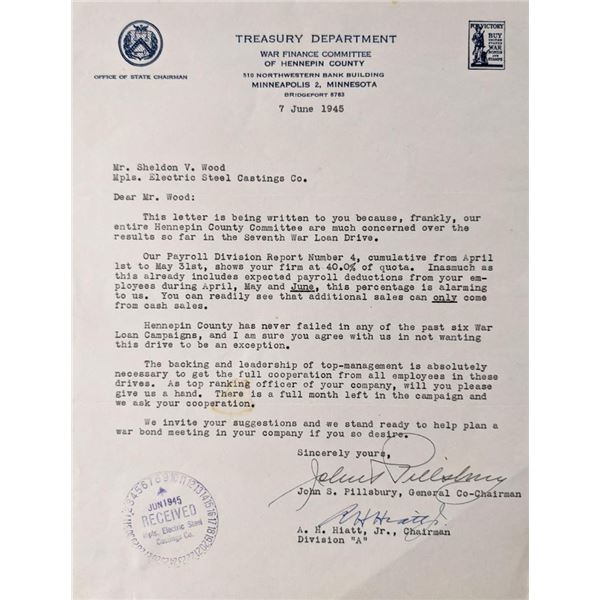 Minnesota Treasury Department John Sargent Pillsbury & A. H. Hiatt, Jr. signed letter