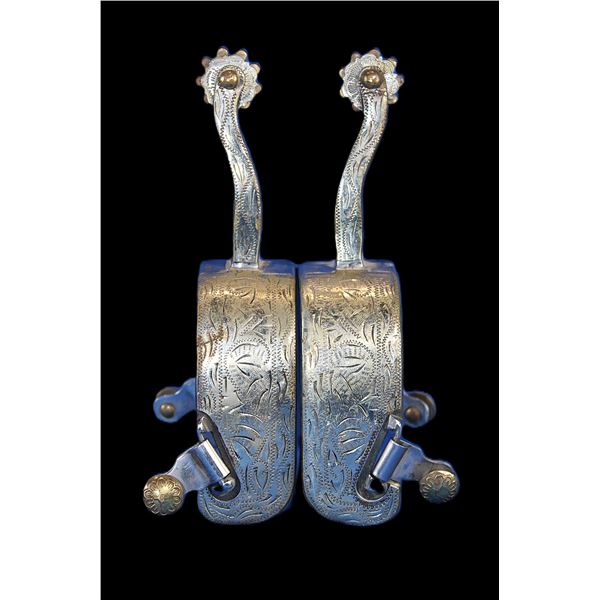 Unmarked Silver Overlaid Stainless Spurs- 1.4" Bands- 3" Shanks- 1" 9 Point Rowels With Covers- Swin