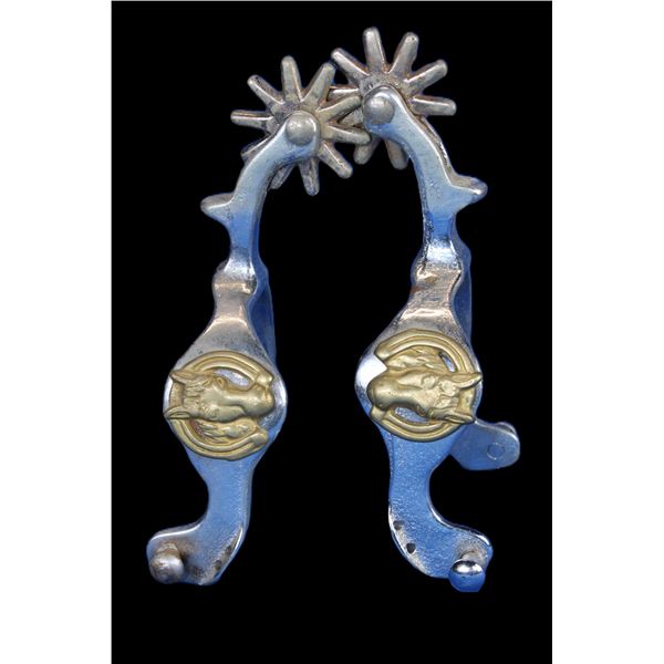 Unmarked Horsehead Spurs- 1.5" Bands- 2.25" Shanks- 1.75" 10 Point Rowels- Chap Guards- Decent Condi