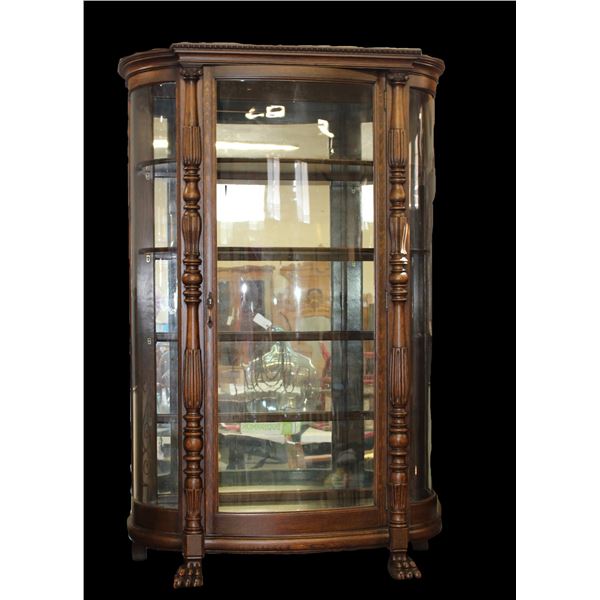 Carved Oak Mirrored Curbed Glass China Hutch- Clawfeet- 64" X 40" X 16"- Great Condition