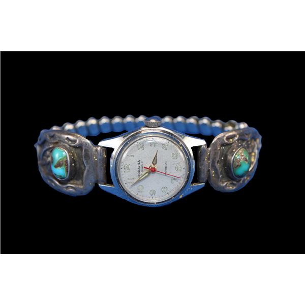 Ladies Stainless Watch With Unmarked Sterling And Turquoise Band- Watch Works- Ernie Morris Collecti