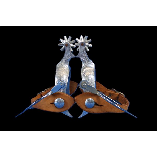 Engraved Aluminum Spurs- 1" Bands- 2" Shanks- 1.5" 9 Point Rowels- Chap Guards- Straps- English Styl